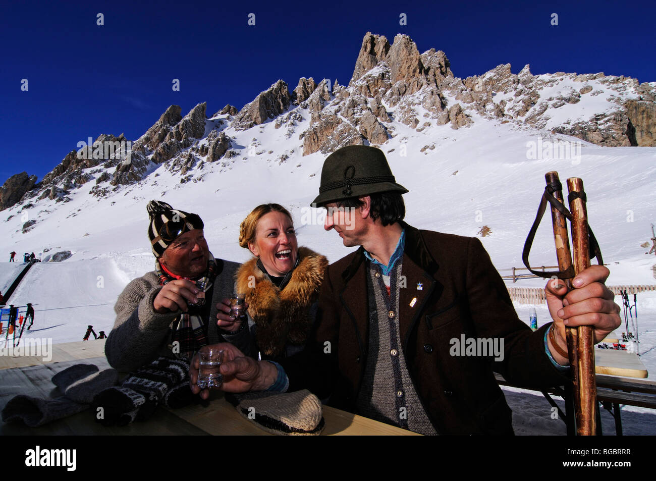 Participants in nostalgic ski race, Sella Ronda, Passo Gardena, Val Gardena, South Tyrol, Italy, Europe Stock Photo