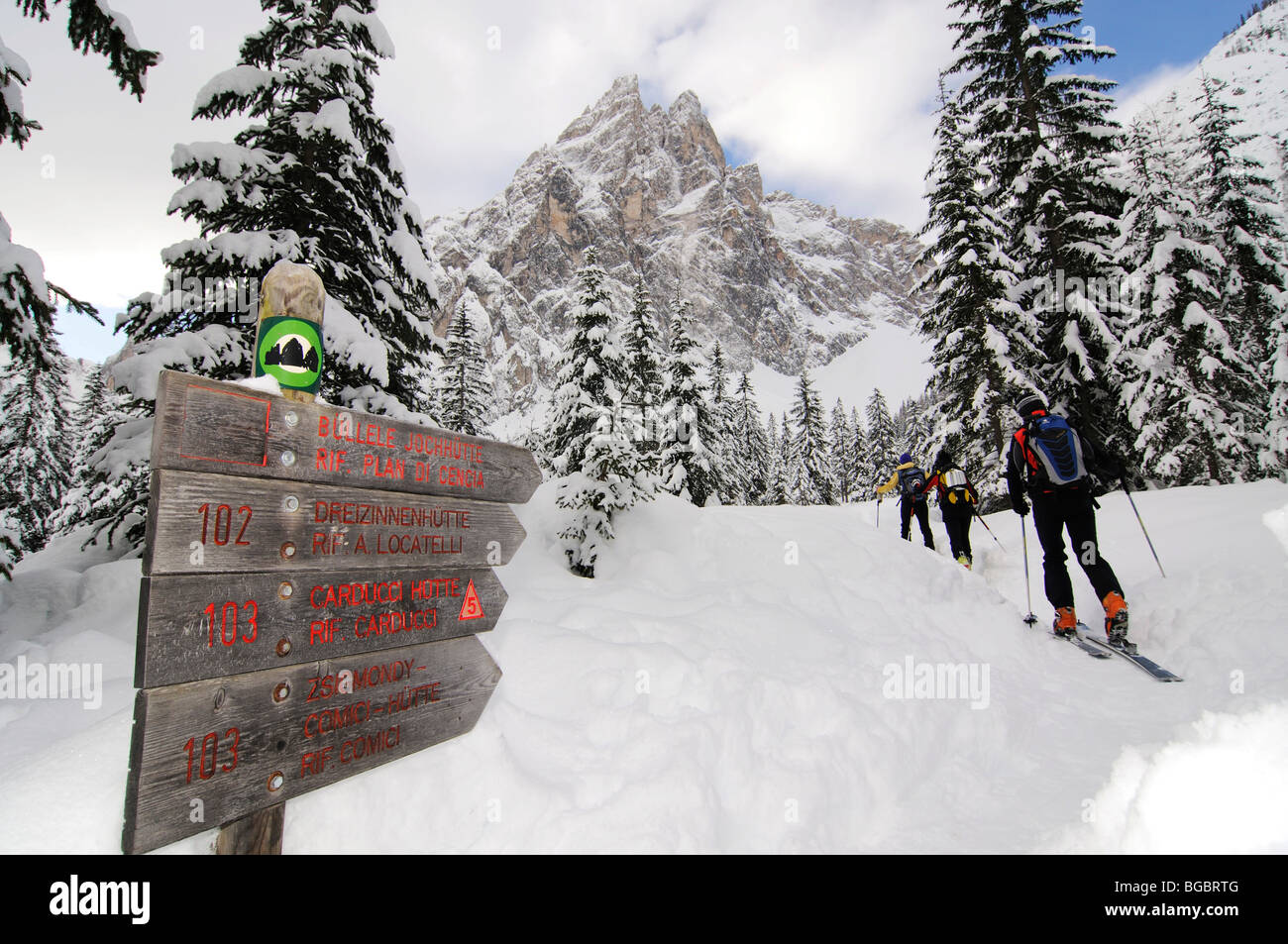 Ski touring, Mt. Sextner Stein, Sexten, Hochpustertal valley, South Tyrol, Italy, Europe Stock Photo