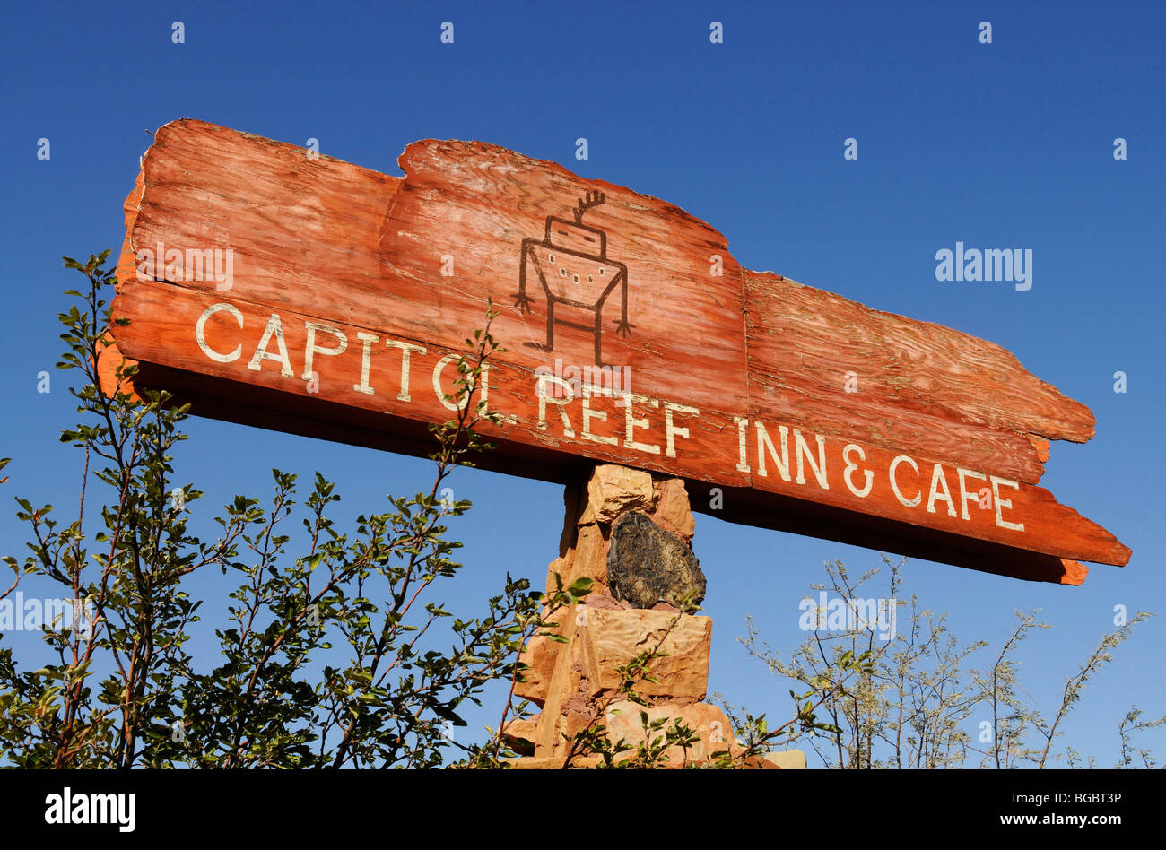 Capitol Reef Inn & Cafe, All American Man, Fremont Culture, Native American rock art, Torrey, Utah, USA Stock Photo
