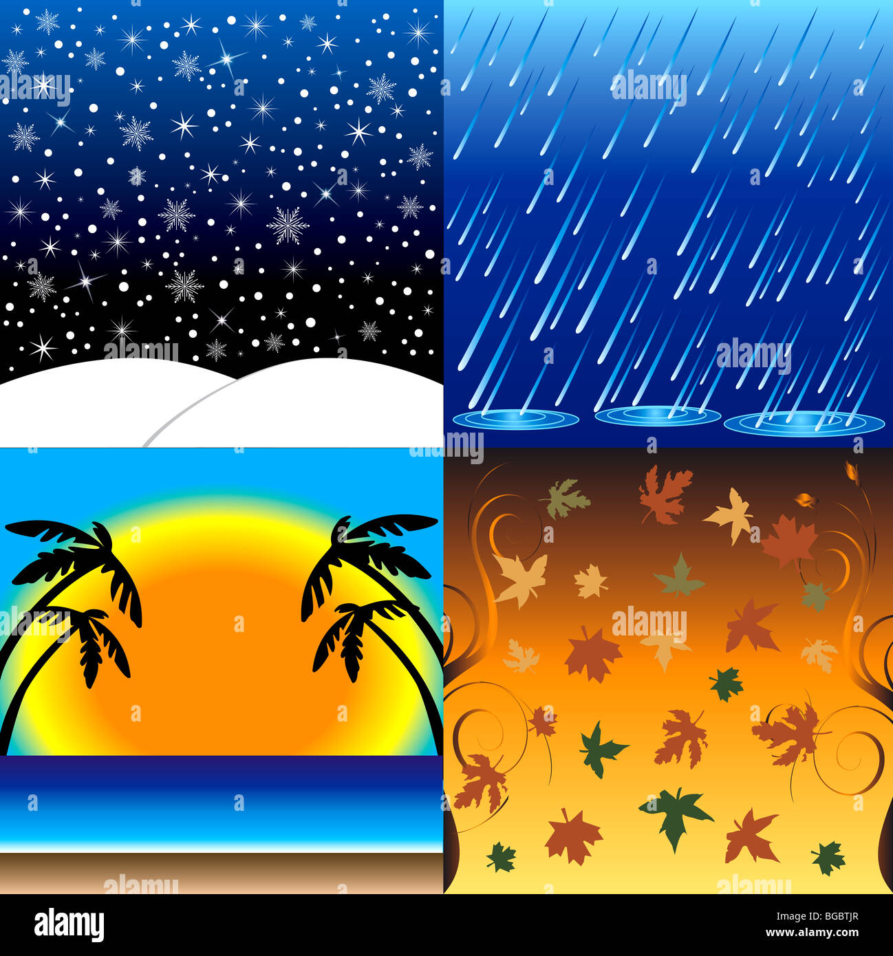 Vedcctor Ilustration of the four seasons, Winter, Spring, Summer and Fall. Stock Photo