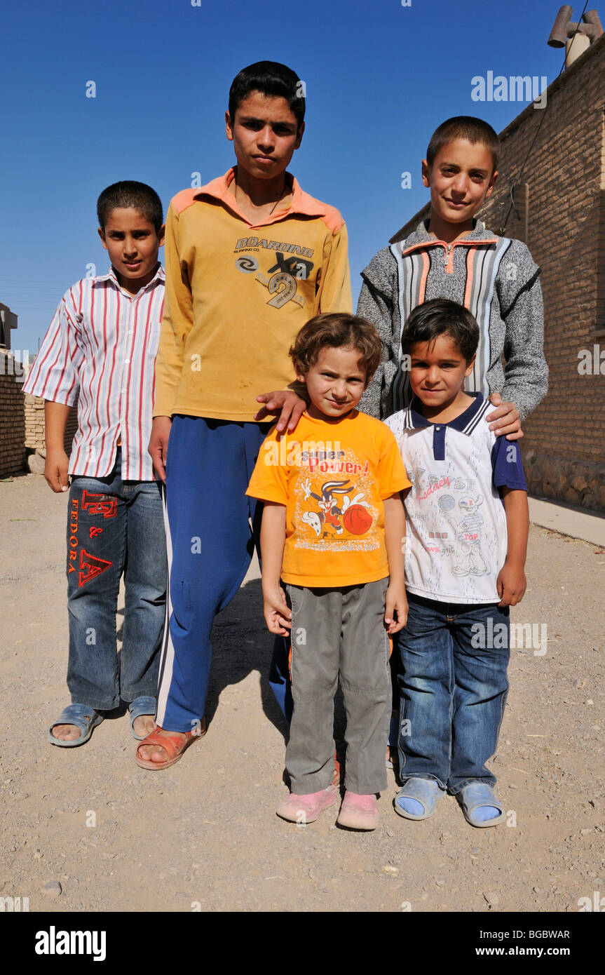 Iranian children, boys, in a village near Nain, Isfahan, Esfahan, Persia, Iran, Asia Stock Photo