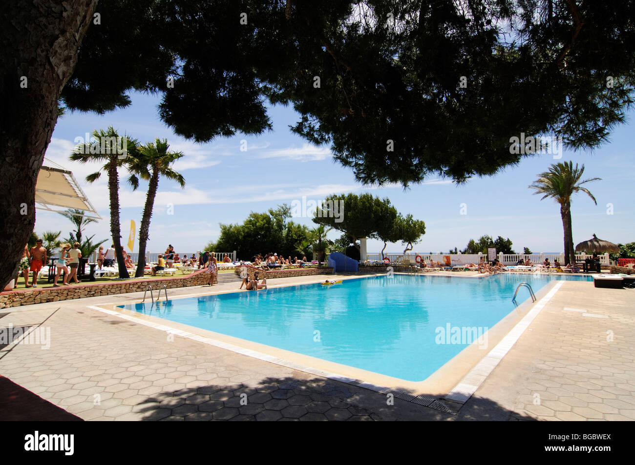 Hotel pool, Es Cana or Es Canar, Punta Arabi, Ibiza, Pine Islands, Balearic Islands, Spain, Europe Stock Photo