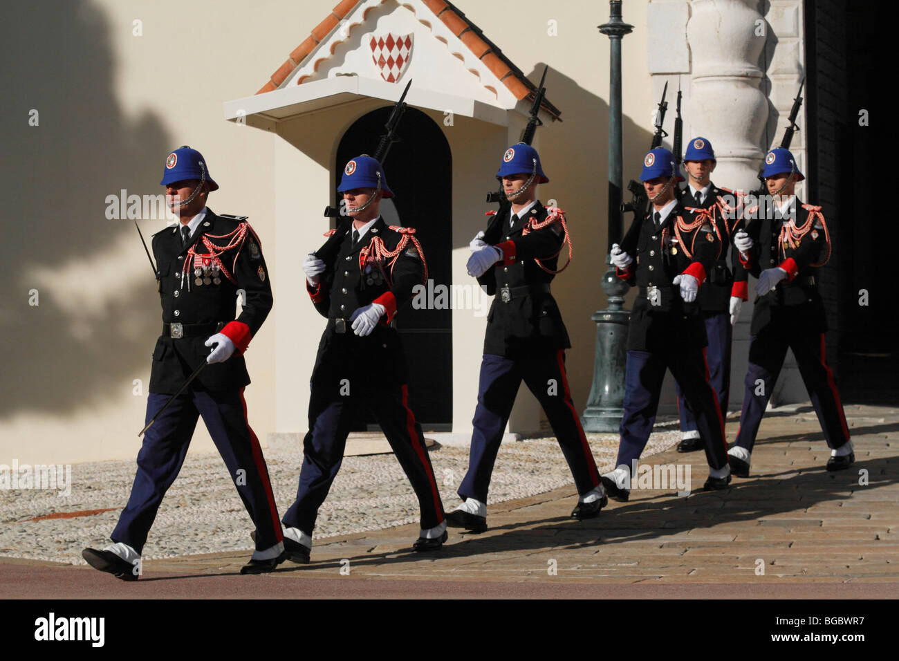 Changing of the Princely Guard at noon in front of the Prince's Palace, departure of the relieved guard, Principality of Monaco Stock Photo