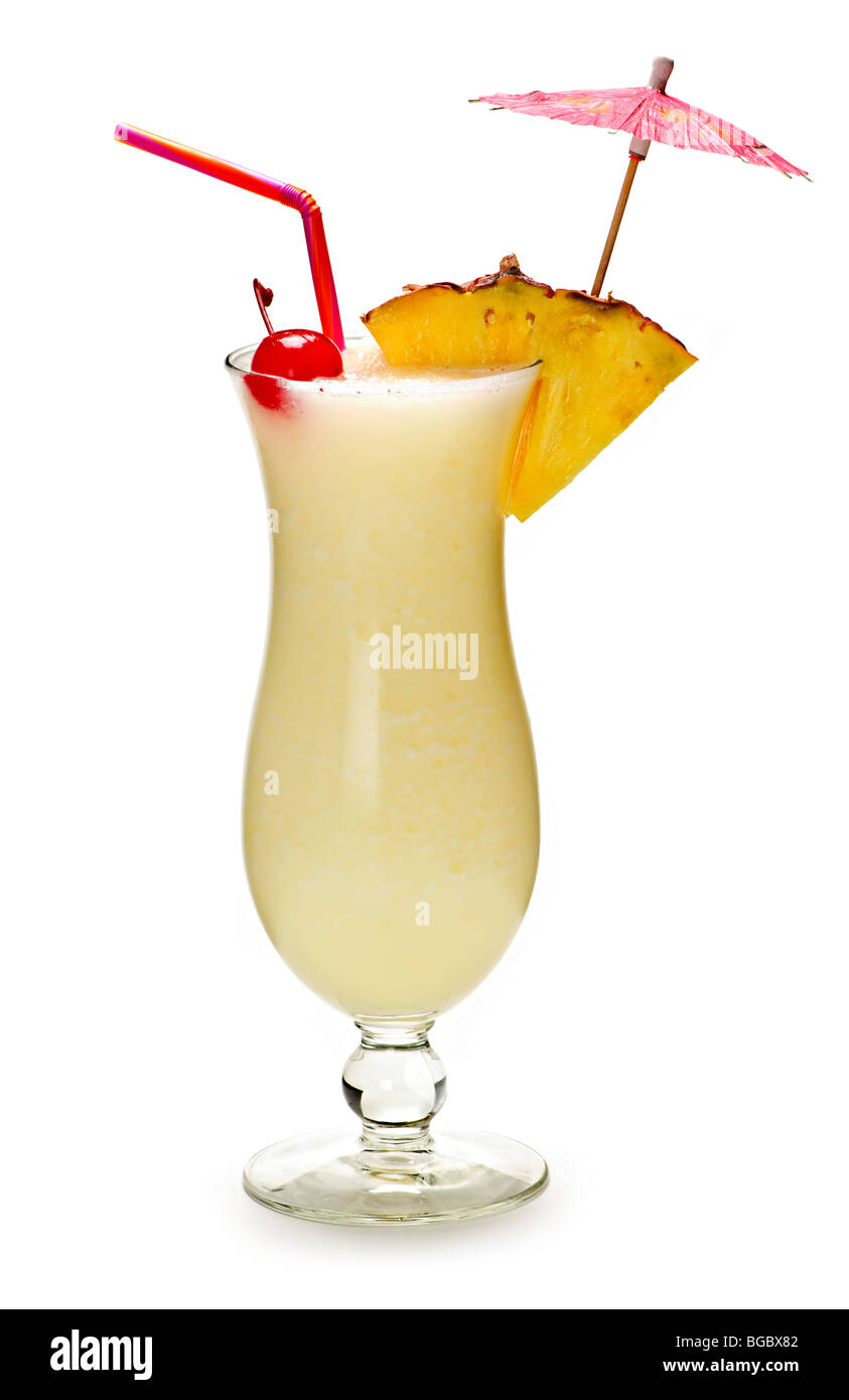 Pina Colada Drink In Hurricane Cocktail Glass Isolated On White 