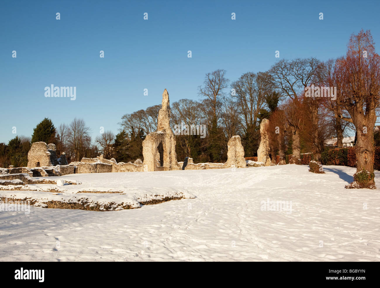 Cluniac Priory ruins at Thetford Norfolk England uk in winter snow