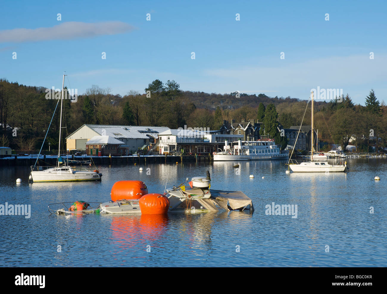 Flotation devices attached to halfsunk boat, Lakeside, Lake Windermere