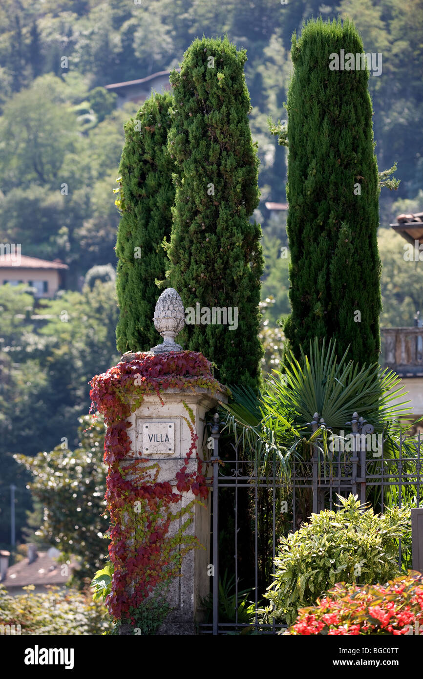 Europe, Italy, Piemonte, Maggiore lake, Cannobio, Villa, gate, entrance, cypress, garden Stock Photo