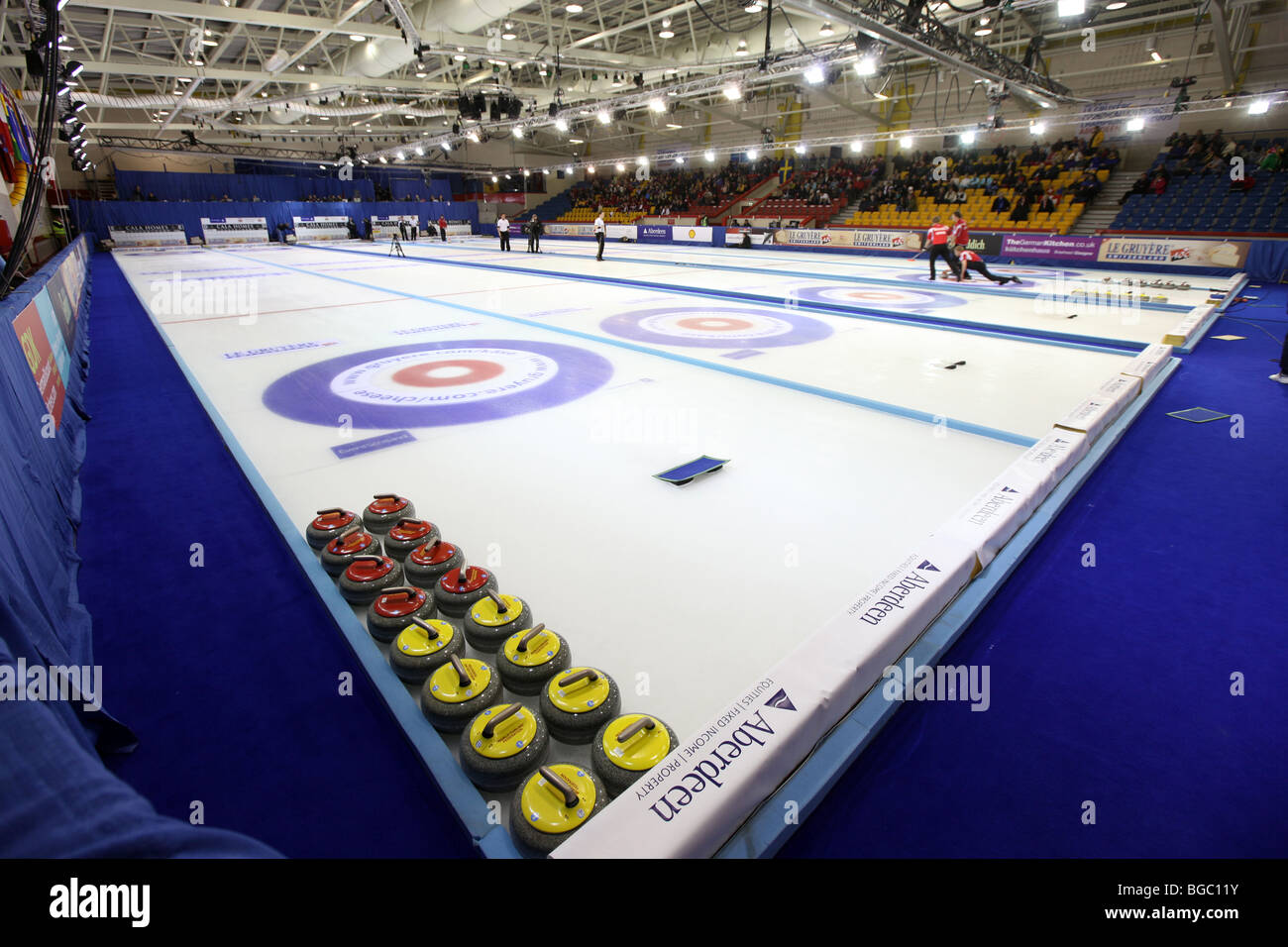 The Linx Ice Arena in Aberdeen, Scotland, UK, set up for a European curling competition on the ice. Stock Photo