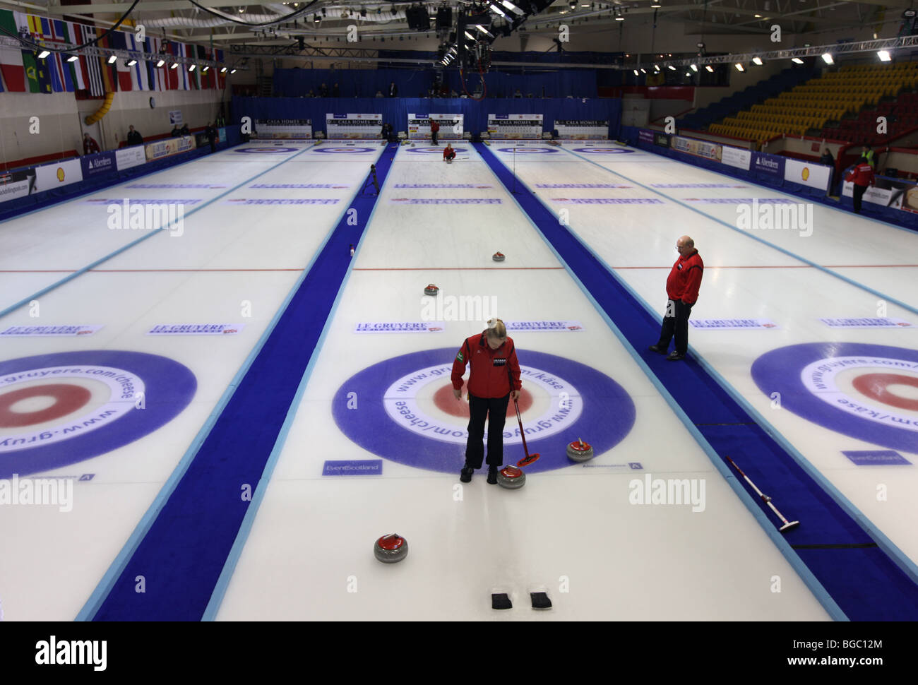The Linx Ice Arena in Aberdeen, Scotland, UK, set up for a European curling competition on the ice. Stock Photo