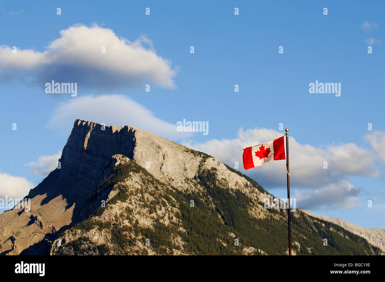 Mount Rundle, Banff, Canadian flag, Alberta, Canada Stock Photo