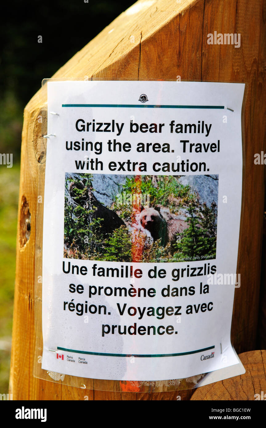 Notice about grizzly bears, Revelstoke National Park, British Columbia, Canada Stock Photo