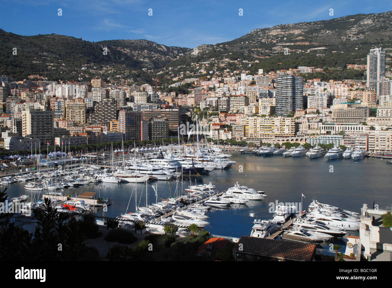 Port of La Condamine, seen from the south towards Monte Carlo, Principality of Monaco, Cote d'Azur, Europe Stock Photo