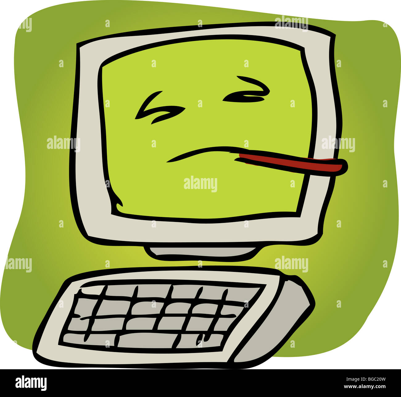 Cartoon illustration of a sick computer with thermometer Stock Photo