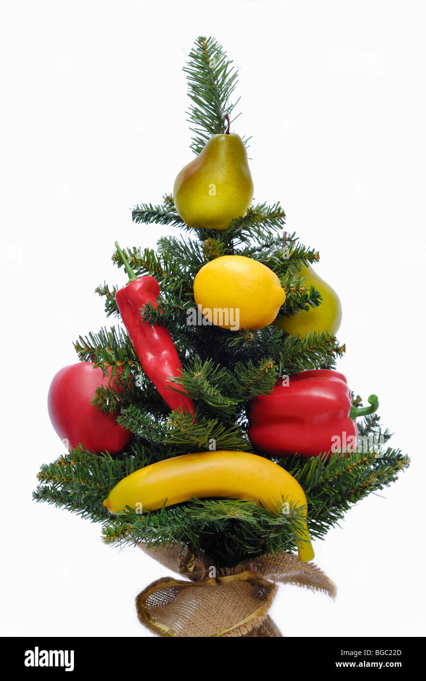 Christmas tree decorated with fruit and vegetables, vegetarian Stock