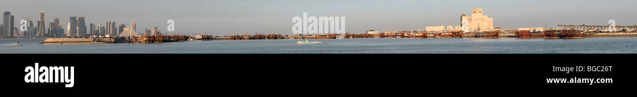 Massive, stitched, ultra-high definition panorama of Doha dhow harbour, museum and West Bay skyline. Stock Photo