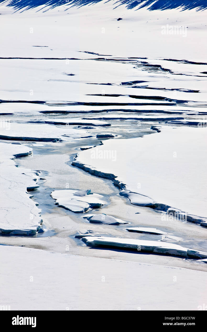 Ice and snow channels on Medicine Lake, Maligne Lake Road, Jasper National Park, Canadian Rocky Mountains, Alberta, Canada. Jasp Stock Photo