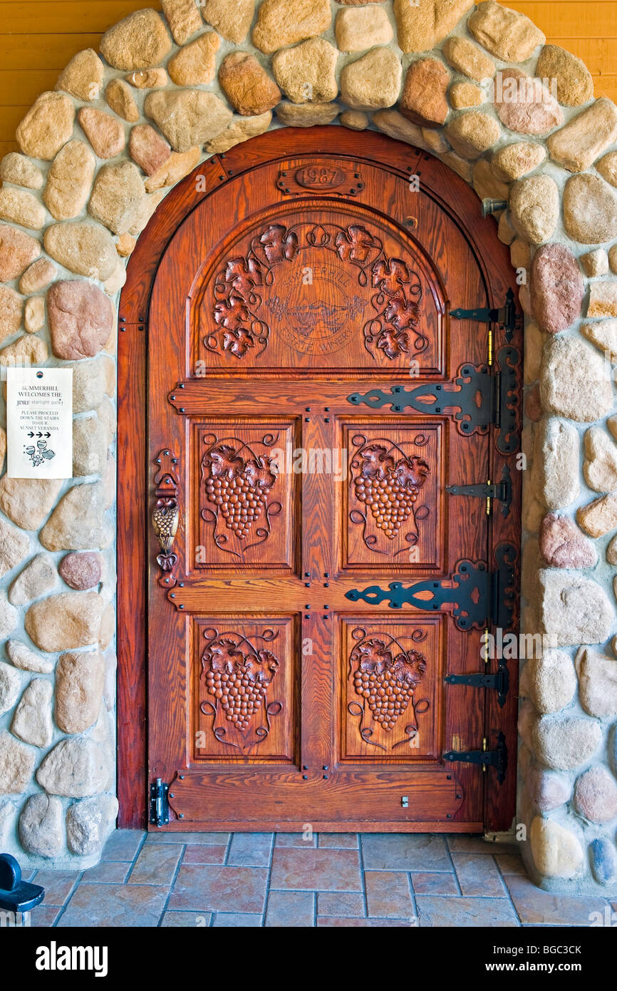 Entrance door to the Summerhill Pyramid Winery, a certified organic vineyard, Kelowna, Okanagan, British Columbia, Canada. Stock Photo