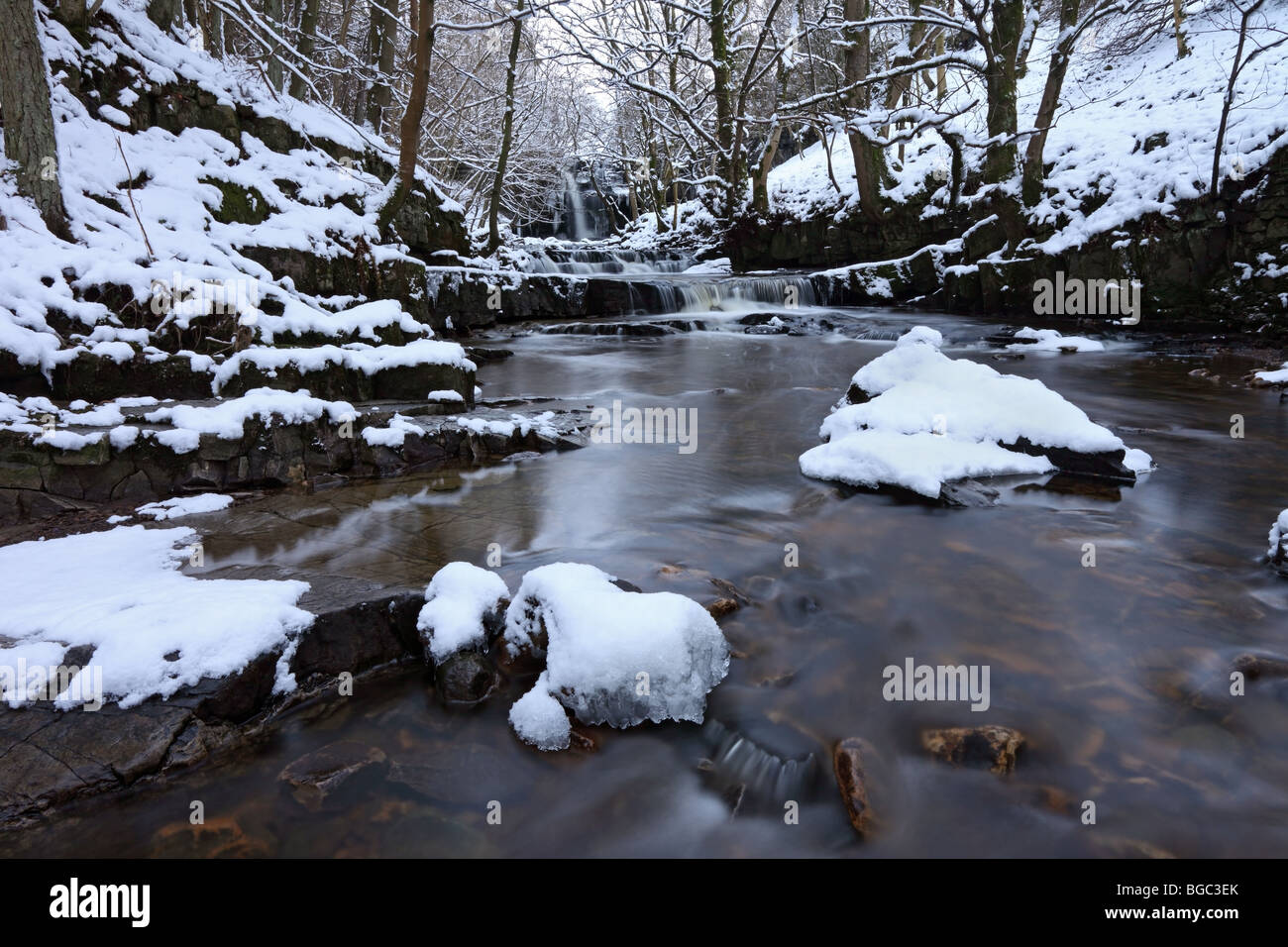 Bowlees Beck Looking Upstream to Gibsons Cave in Winter Bowlees Upper Teesdale County Durham Stock Photo