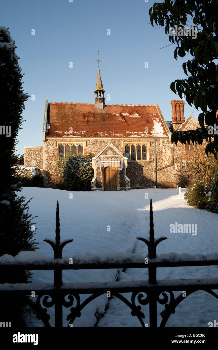 December winter snow scene Thetford Norfolk UK Grammar School chapel