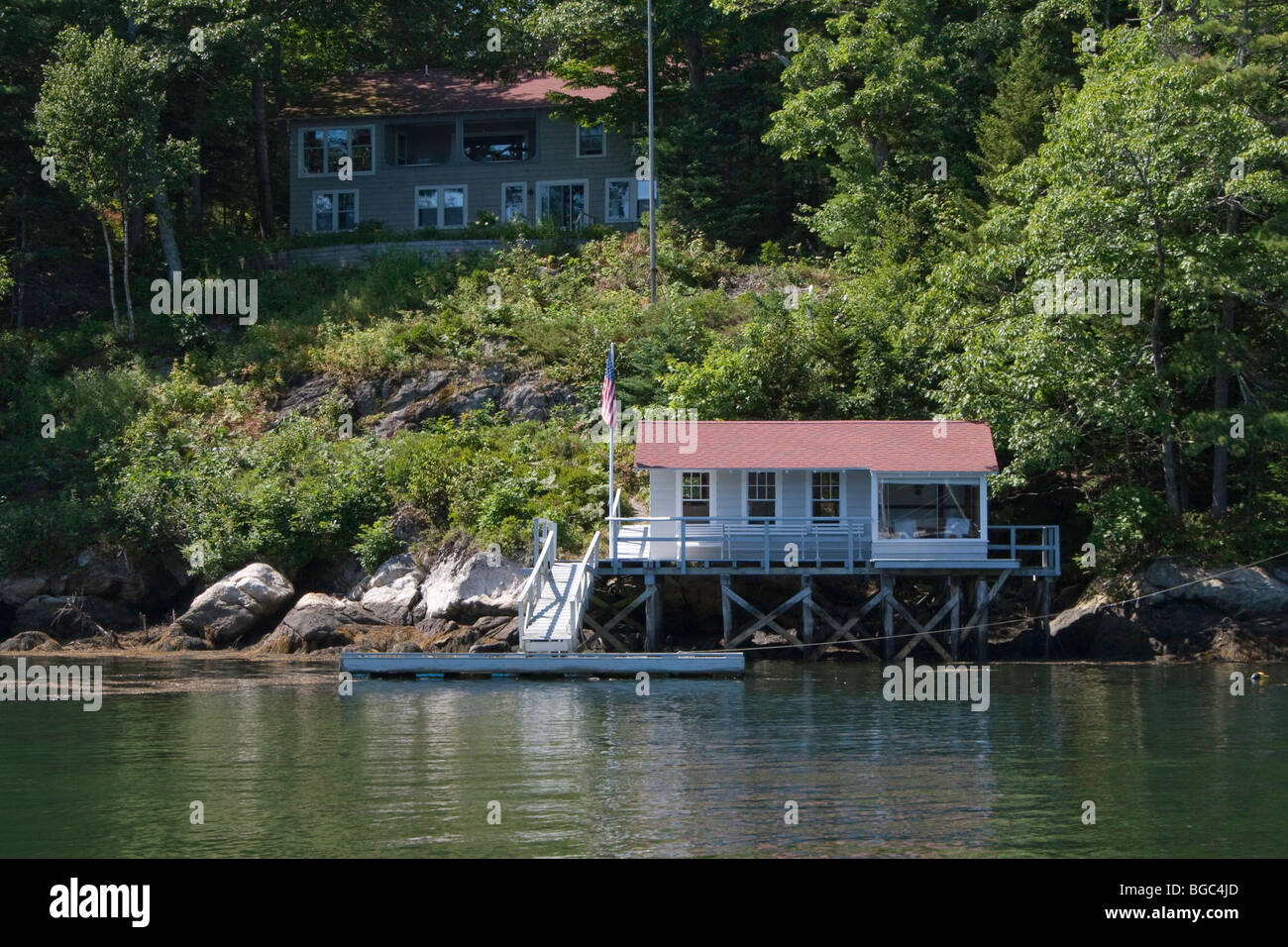 A Summer Cottage along the shore of the Townsend Gut in Boothbay Maine Stock Photo
