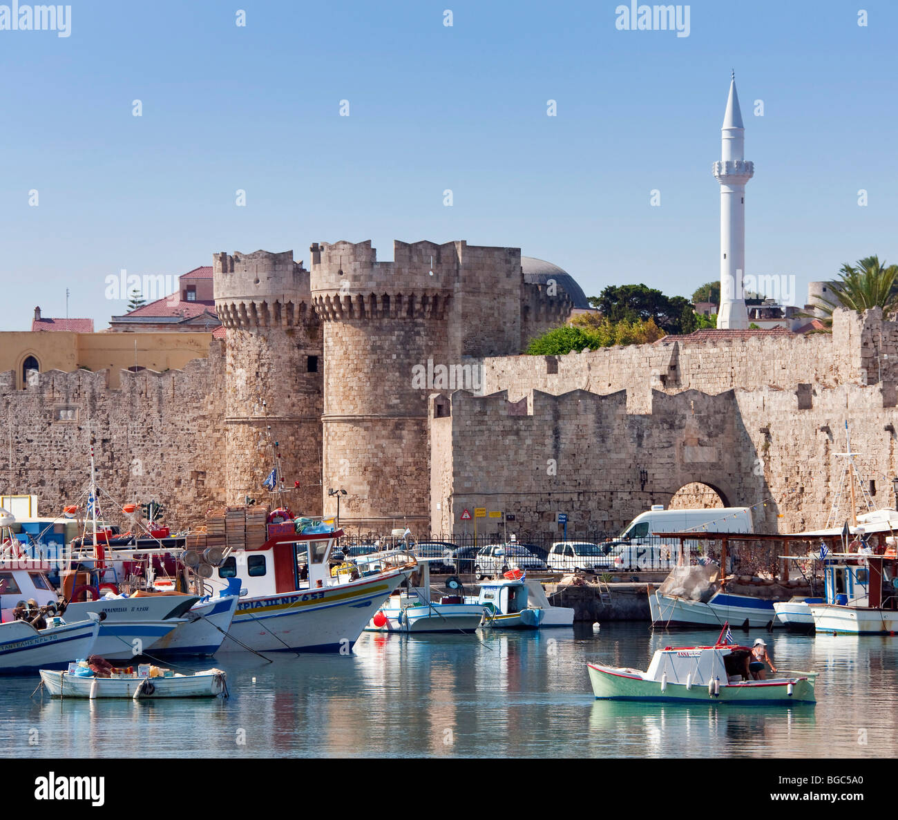 Port and city walls of Rhodes town, Rhodes island, Greece, northern part, Aegean Sea, Southern Europe, Europe Stock Photo