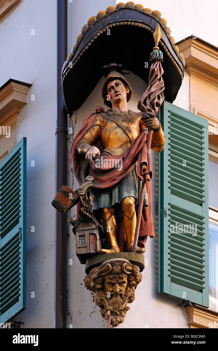Statue of the 'Holy Florian' on the corner of a house, Karolinenstrasse, Bamberg, Upper Franconia, Bavaria, Germany, Europe Stock Photo