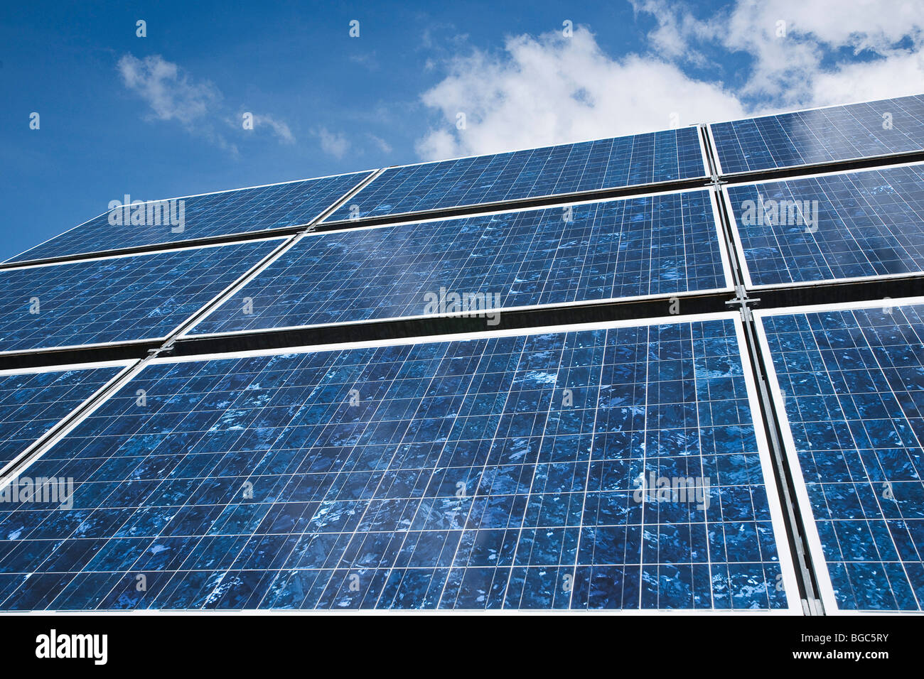 Polycrystalline silicon solar cells in a solar module Stock Photo