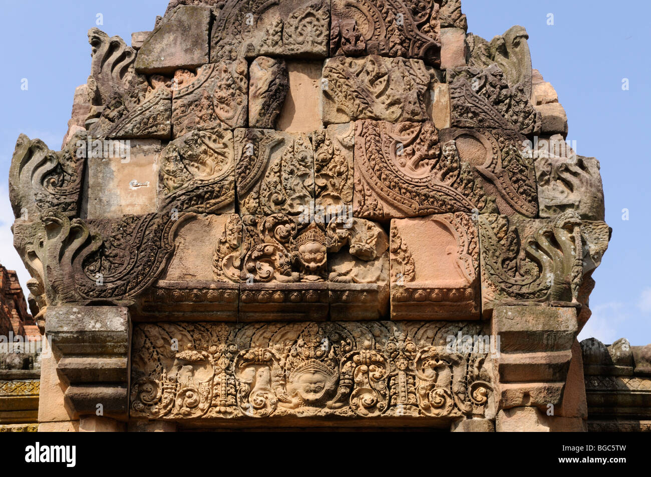 Thailand; Buriram Province; Khok Meuang; Relief Carvings at Prasat Meuang Tam Stock Photo
