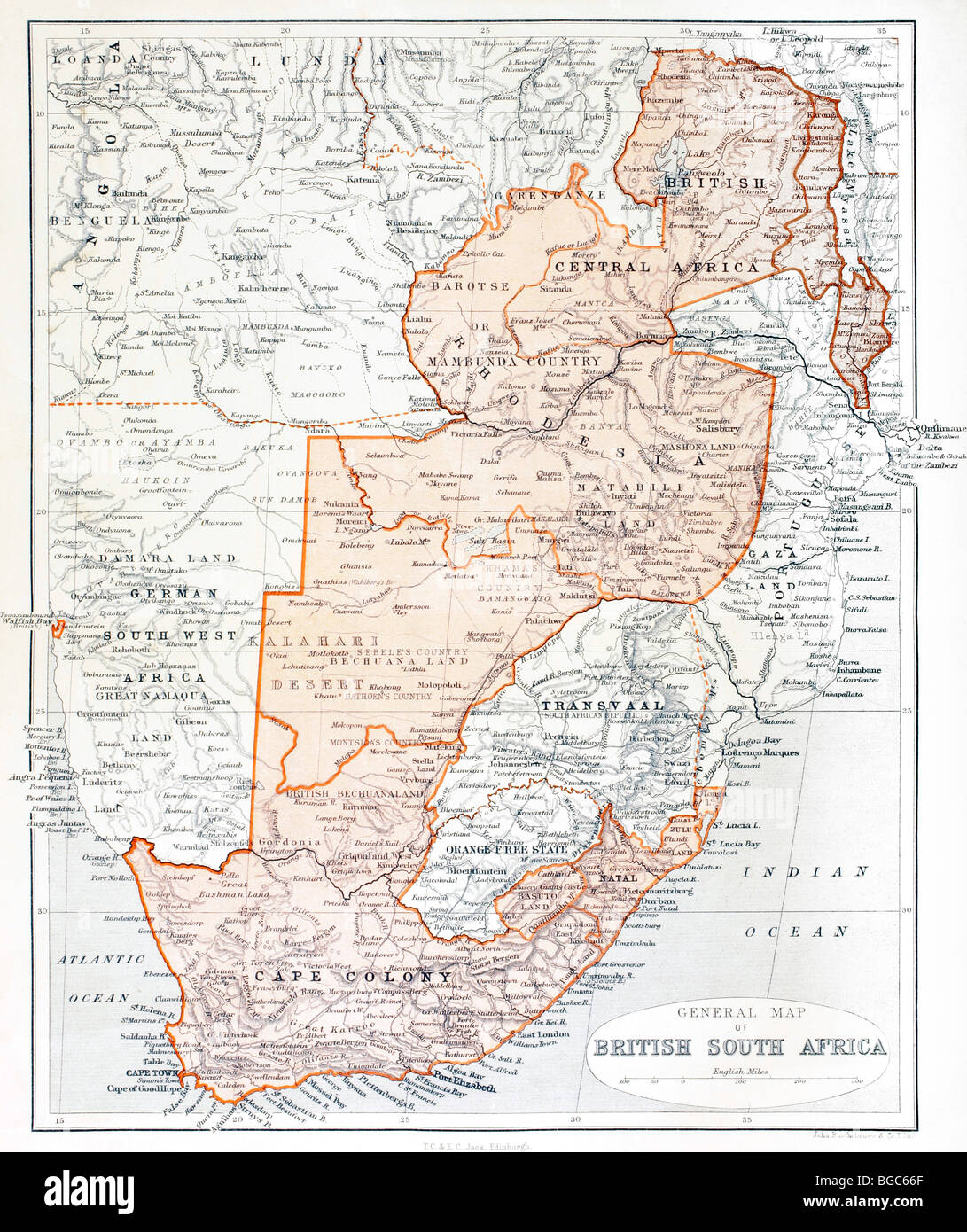 Map Of South Africa 1890 General Map Of British South Africa Stock Photo - Alamy