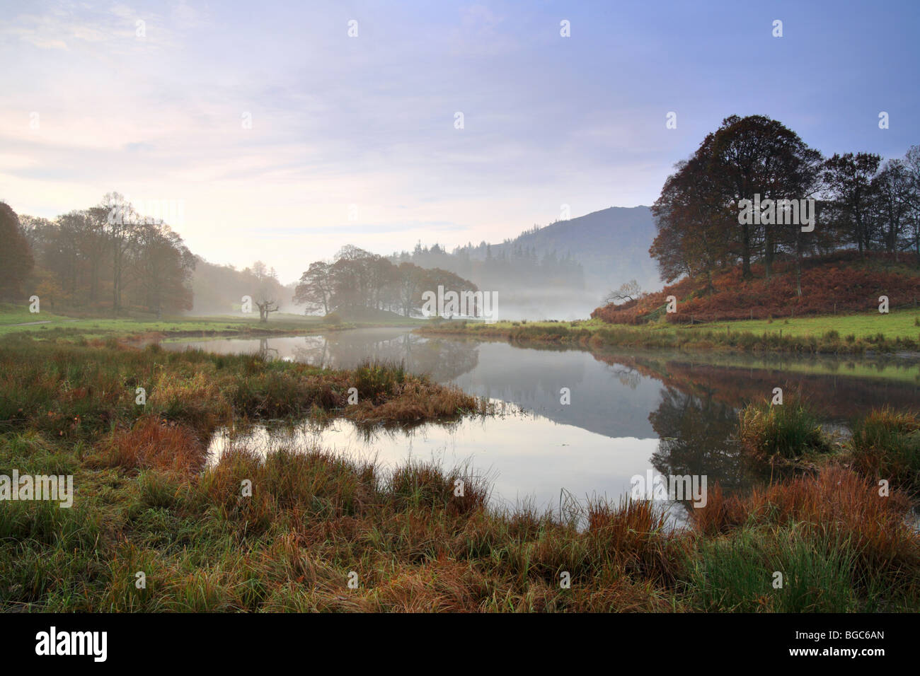 River Brathay as it flows from Elterwater. Early morning Autumn, mirror calm reflections as the mist rises. Lake District UK Stock Photo