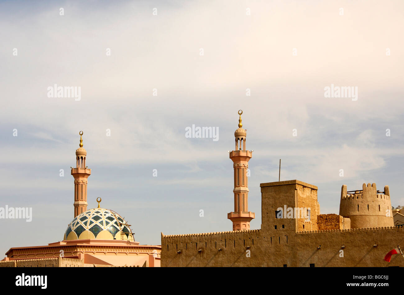 Skyline of a traditional Arab city with minarets and dome of a mosque, Ajman, United Arab Emirates, Middle East Stock Photo
