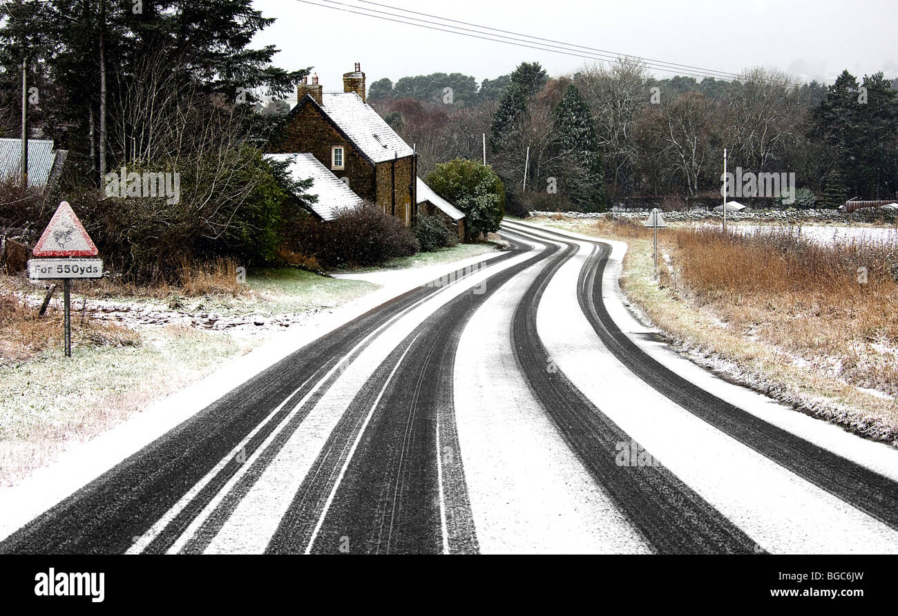 Icy road.towards Gorden. Scottish borders. Stock Photo