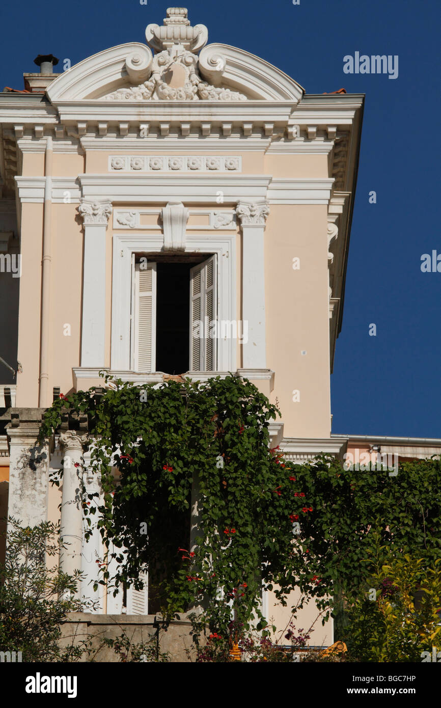 Historic villa, open window, pergola with twines, Boulevard d'Italie, Monaco, Cote d'Azur, Europe Stock Photo