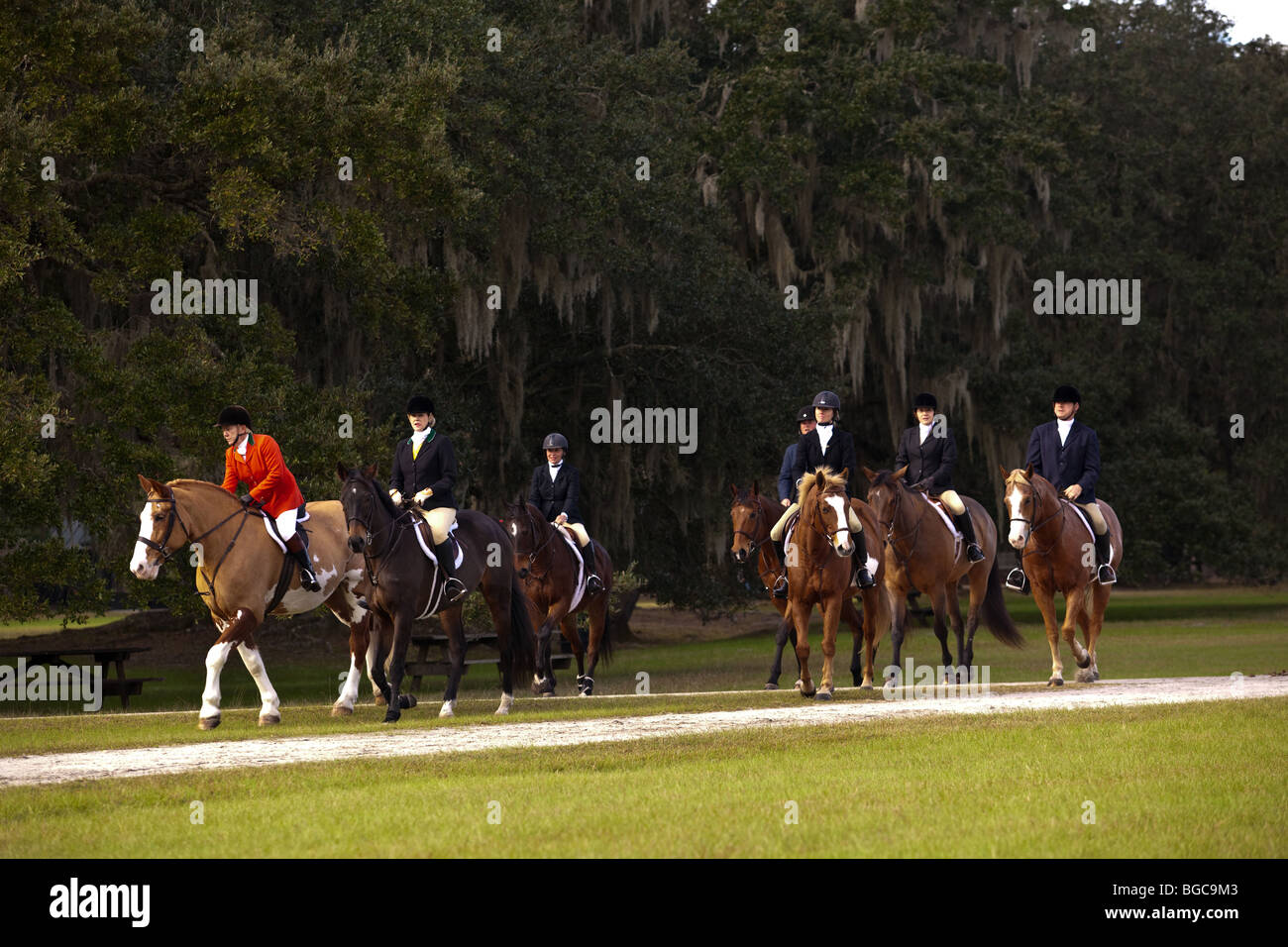 Mounted Fox Hunters gather on the greensward of the plantation house at Middleton Place plantation in Charleston, SC Stock Photo