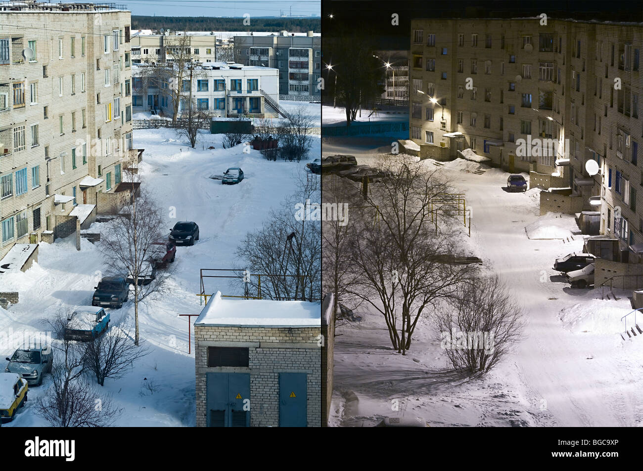 Day and night on one picture divided by line. Day on one side, night on another. Cityscape on image. Winter time Stock Photo