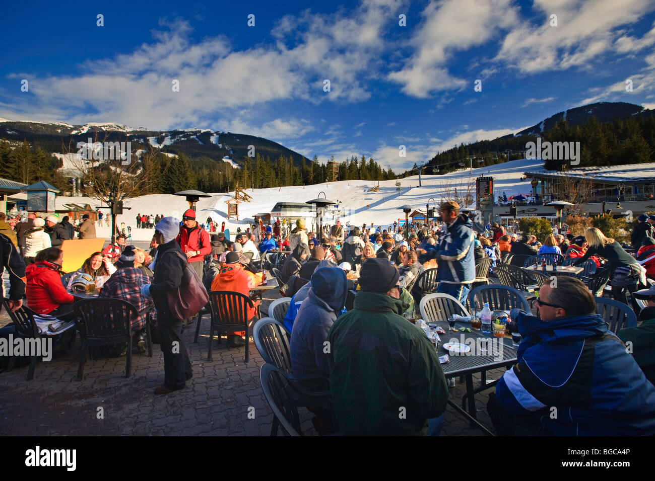 Patrons at the Longhorn Saloon and Grill an apres-ski bar at the base of Whistler Mountain, Whistler Village, British Columbia, Stock Photo