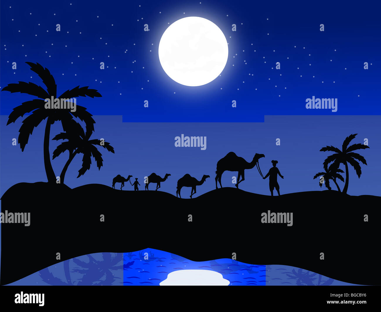 silhouette view of camels and human in moonlight Stock Photo