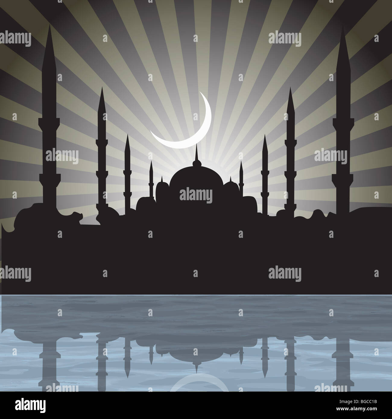 silhouette of a mosque with rays, moon background Stock Photo