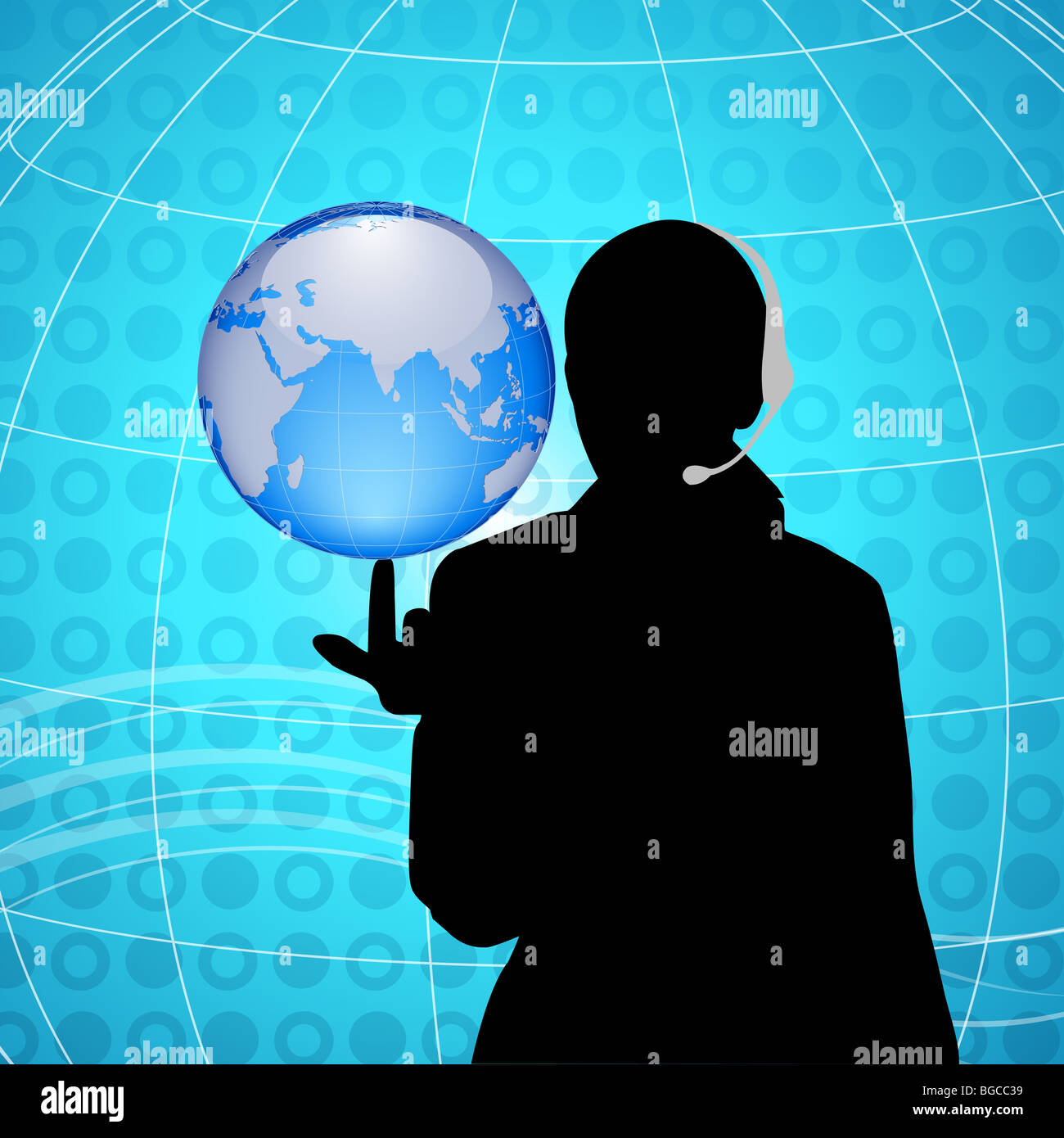 woman having globe at finger tip, headphone Stock Photo