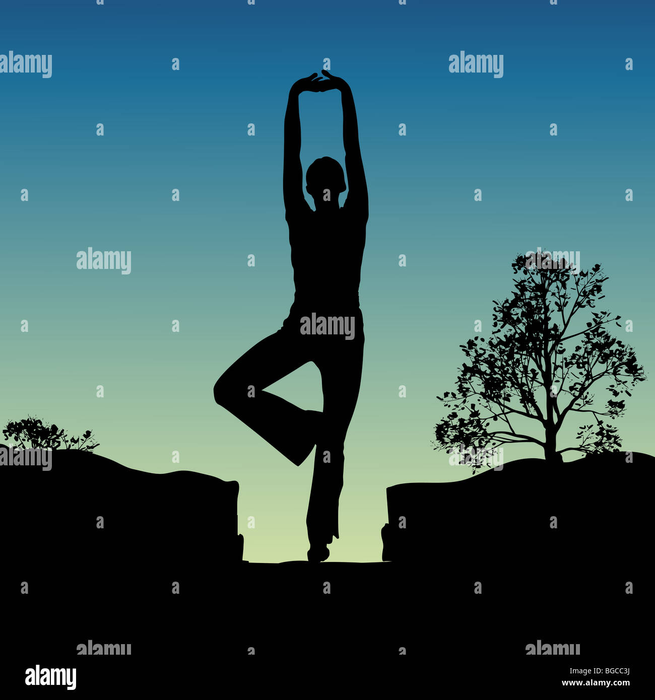 silhouette view of human doing yoga, standing position Stock Photo