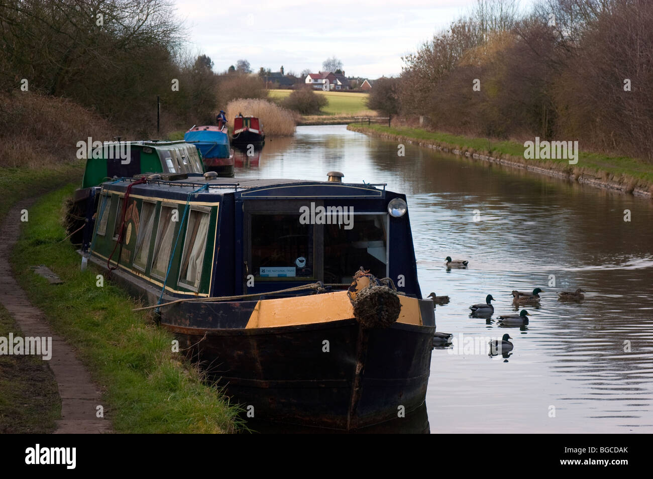 Canal boat moored close to Parbold Hill, Wigan Stock Photo