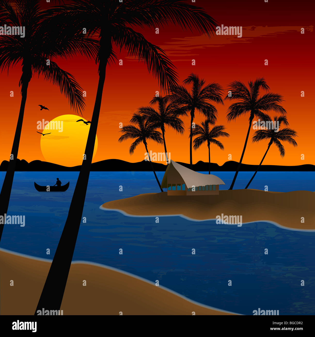 landscape of beach with coconut trees, hut Stock Photo