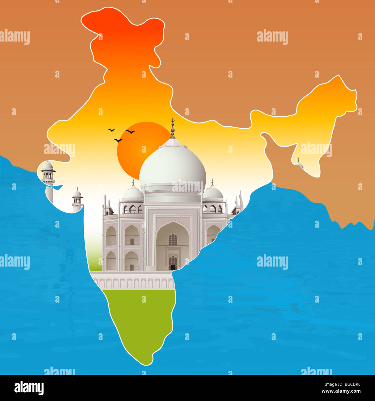 Taj Mahal, agra, outline map of india Stock Photo