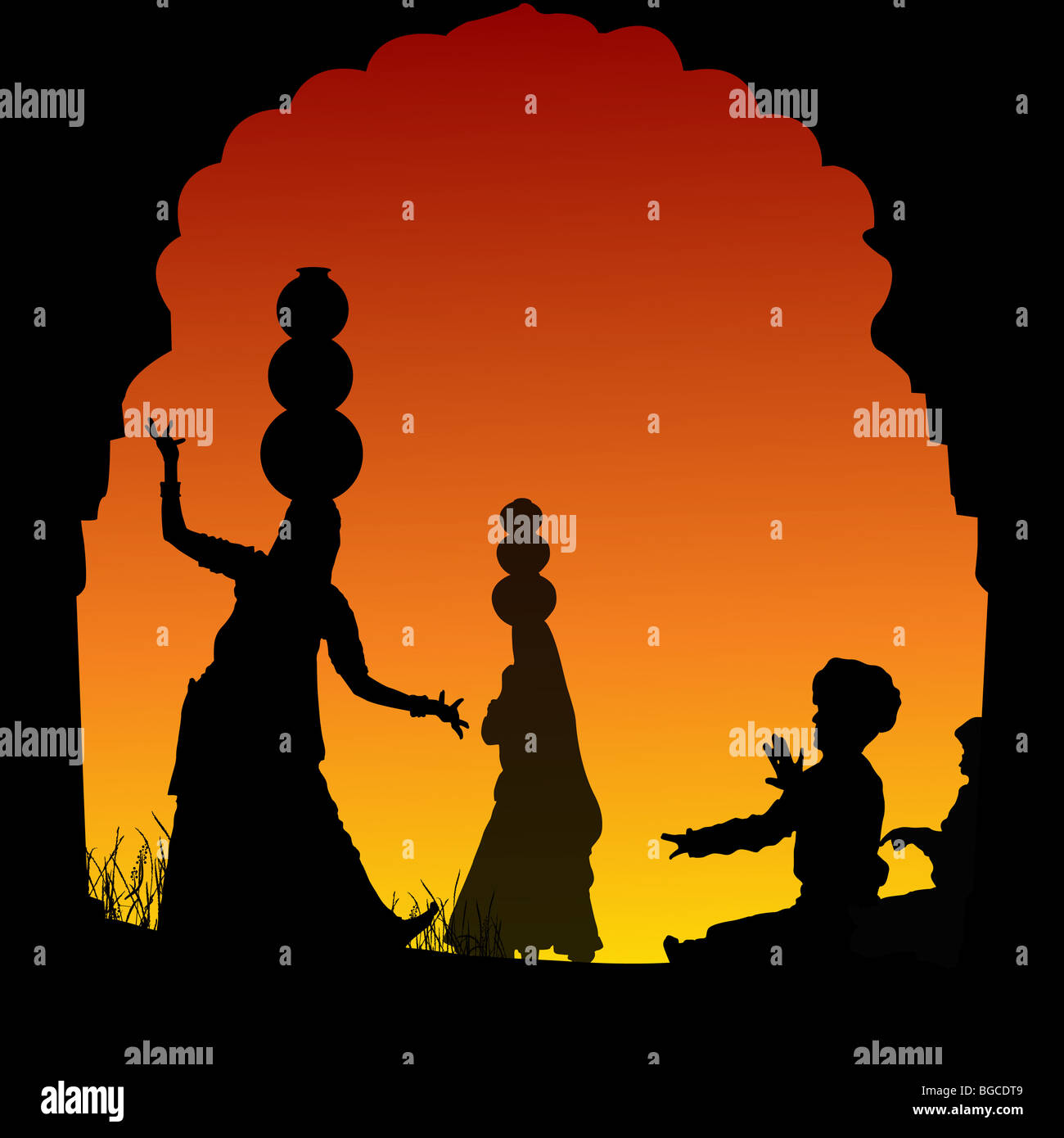 silhouette view of people performing folk dance and music, india Stock Photo