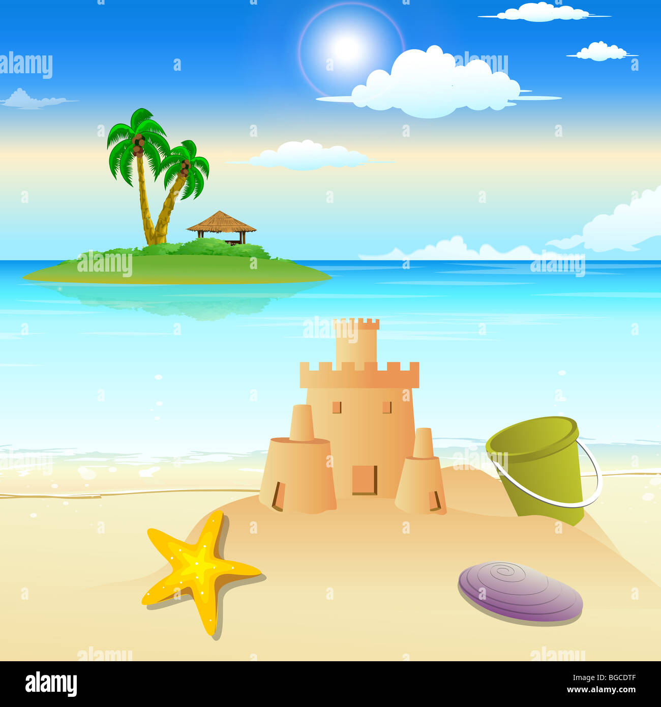 landscape view of beach, sandcastle, starfish, shells Stock Photo