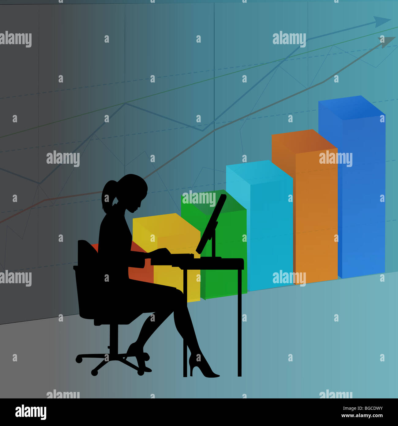 woman working on computer,with bars and graph background Stock Photo