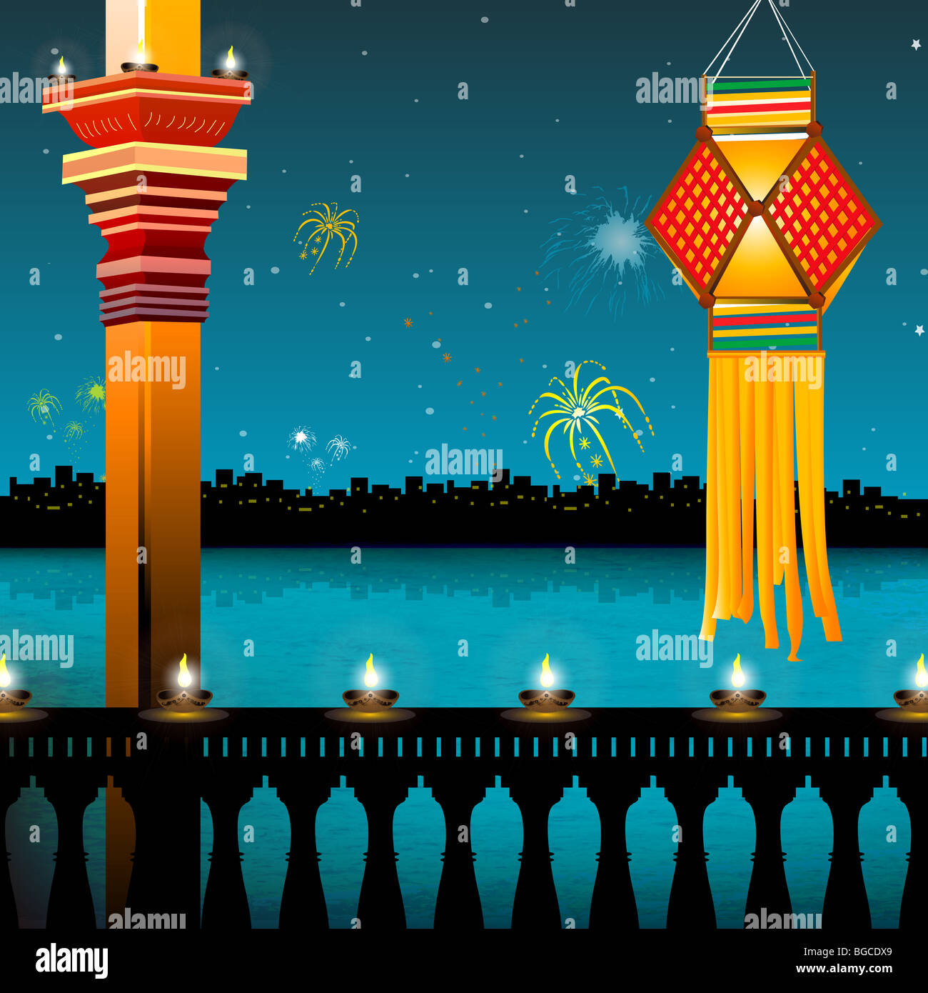 lamp lighting, lanterns, fireworks, balcony,festival - diwali Stock Photo