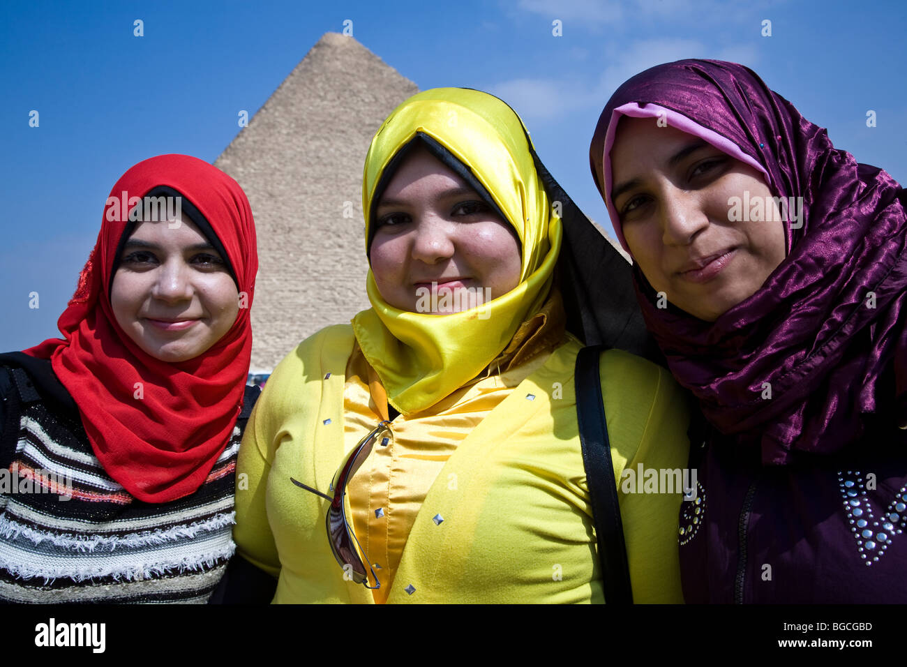 Moslem high school girls visiting the Pyramids of Giza were friendly and not at all bashful in font of the camera Giza Egypt Stock Photo