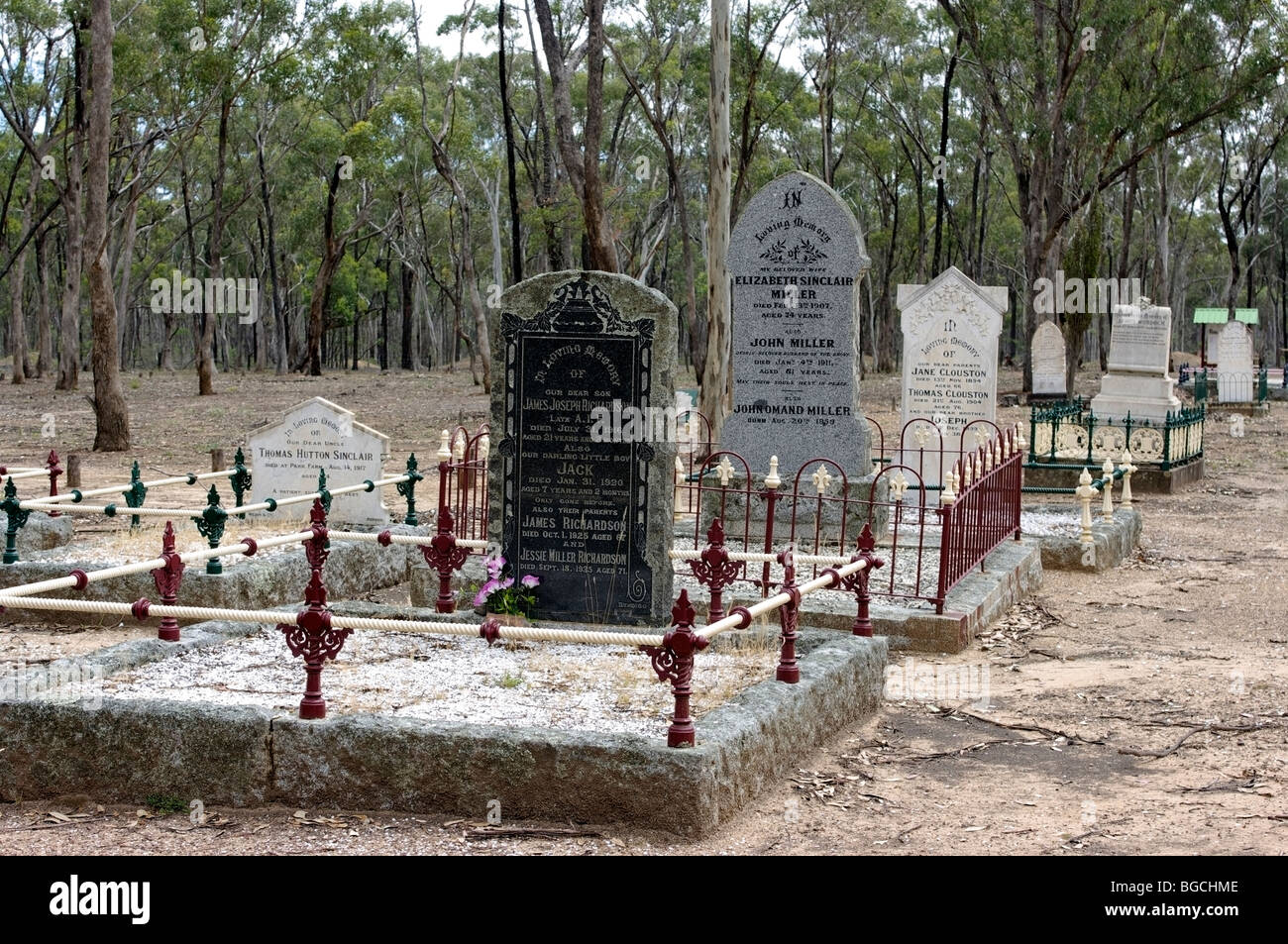 Headstones in Graytown Cemetery, Graytown, Central Victoria, Australia. Stock Photo