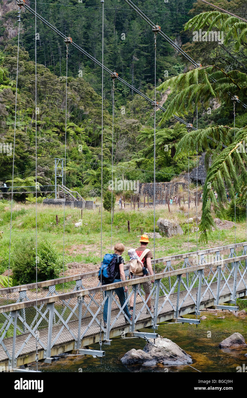Couple and baby walking on swing bridge across river taken along Karangahake Gorge historic walkway, Hauraki region, Coromandel, Stock Photo